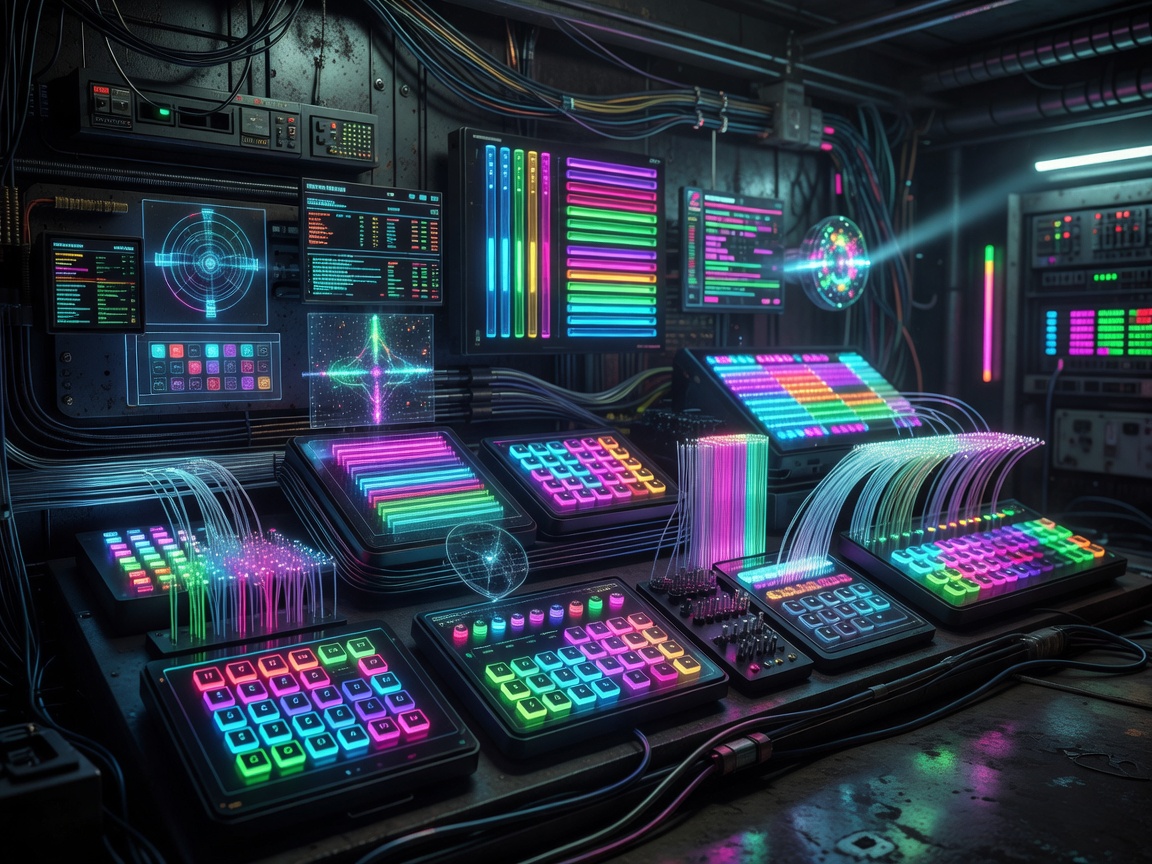 Cyberpunk neon lighting controls and visual devices representing modern software UI