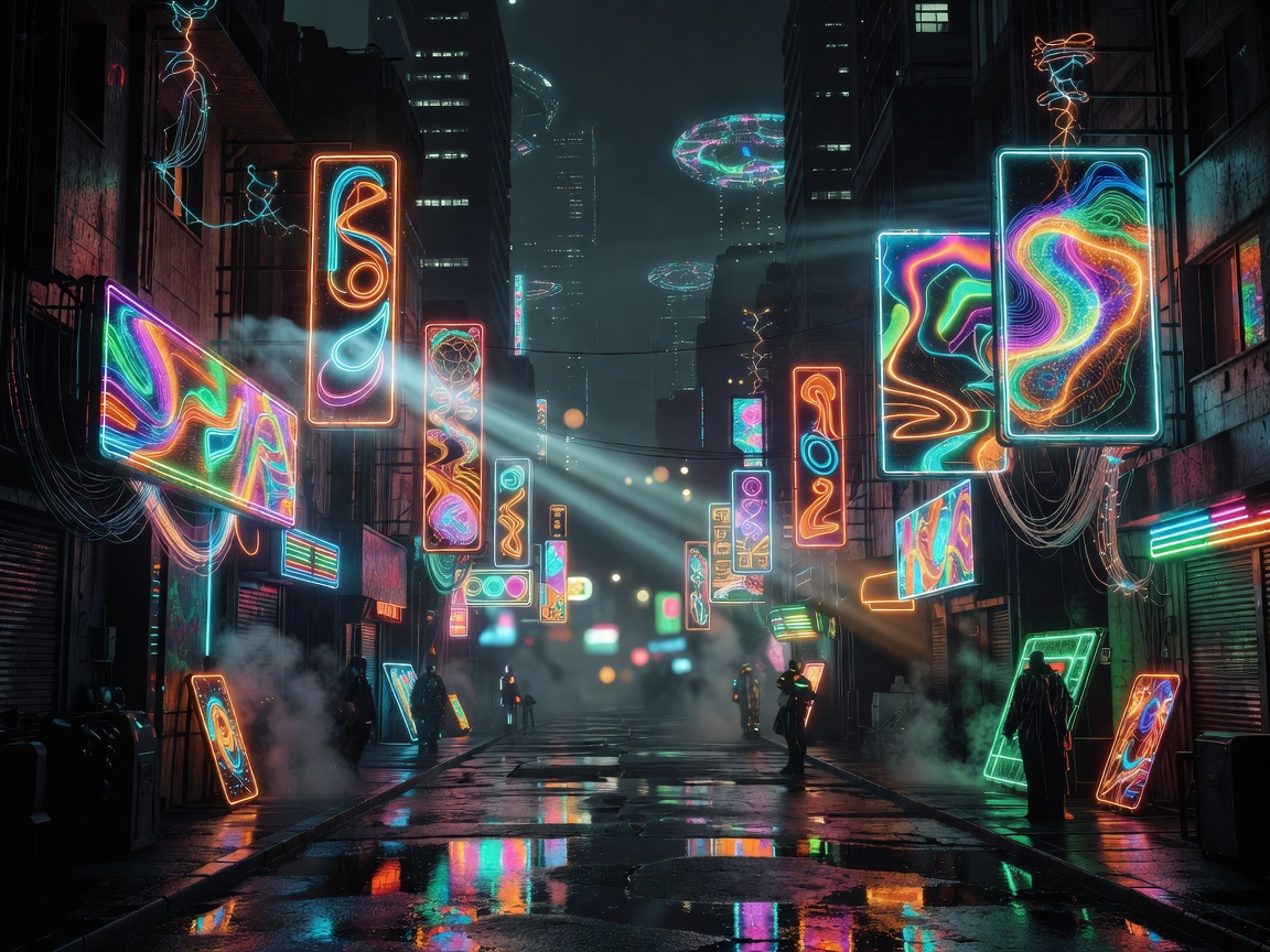 Cyberpunk neon signs shining bright at night