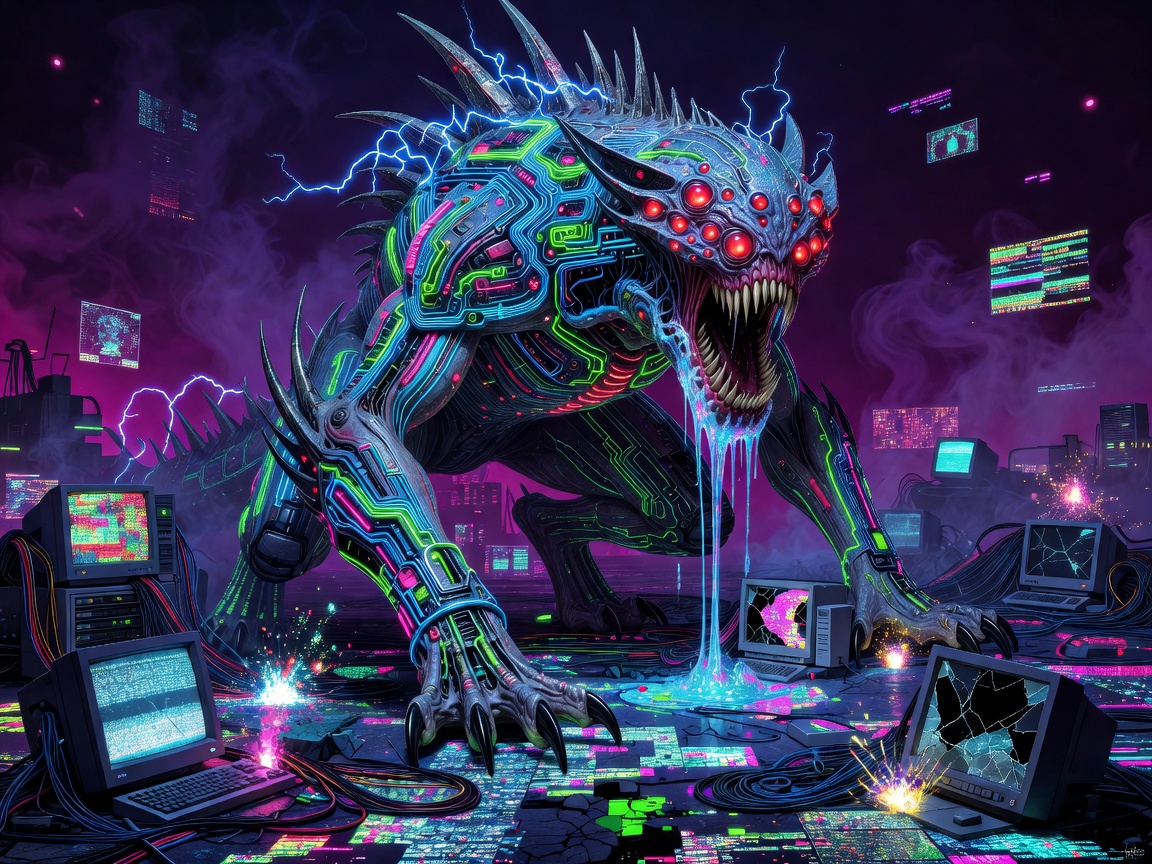 Eerie Neon Monster Gaming World banner illustration detailing cyber monster features