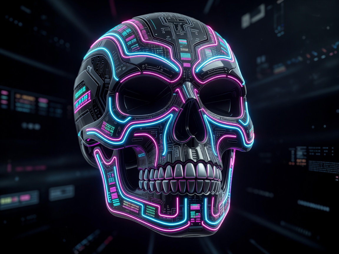 Illustration of high-tech neon skull mask representing game reels